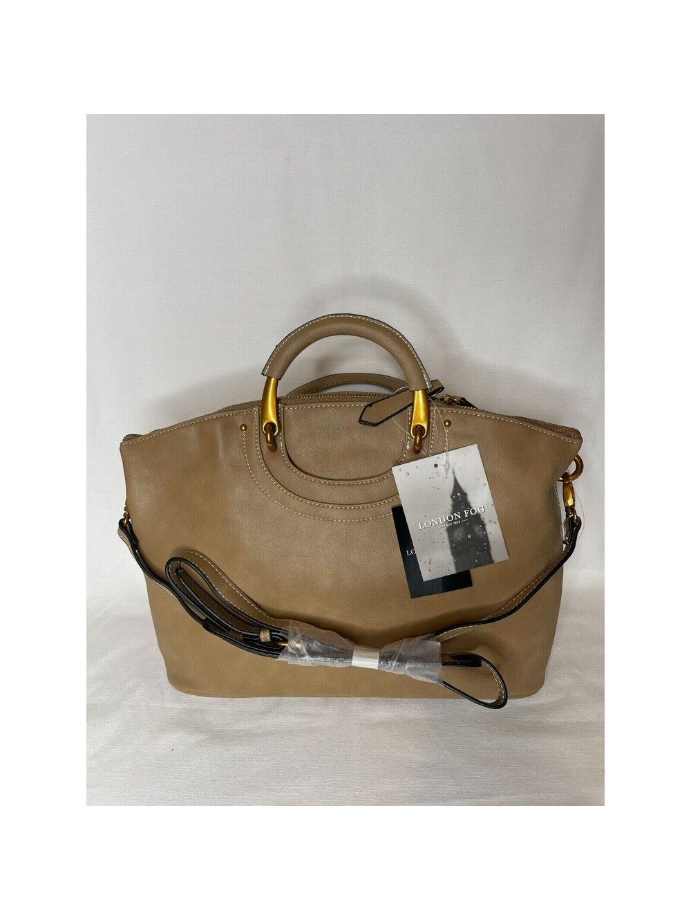 London Fog Downing Satchel Top Handle Camel Leather Shoulder Strap Zip Top NEW